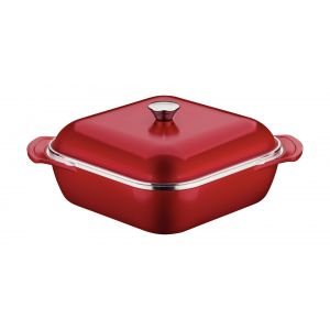 Cacerola Tramontina cuadrada Lyon de aluminio forjado con revestimiento interno antiadherente Starflon High Performance con tapa roja, 28 cm y 5,5 l.